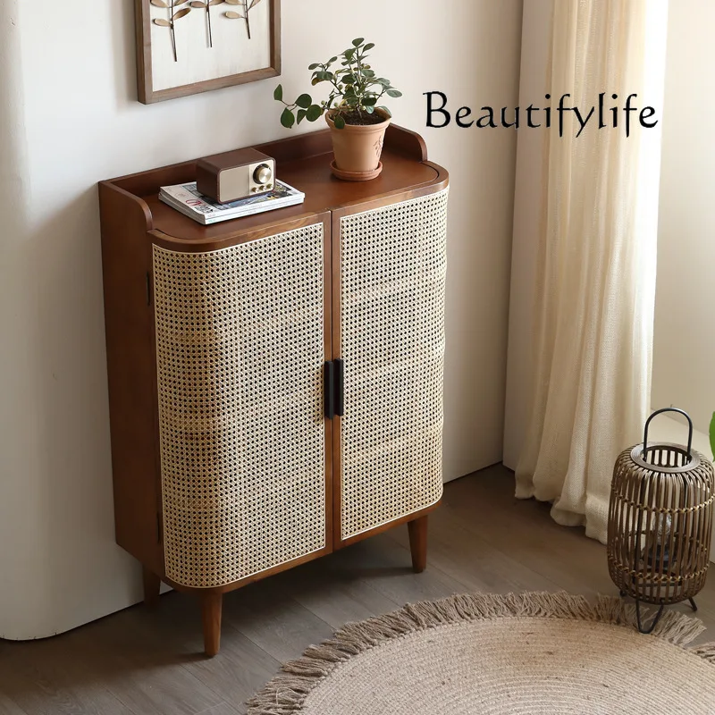 Nordic solid wood shoe cabinet creative living room home storage shoe rack home door locker rattan breathable