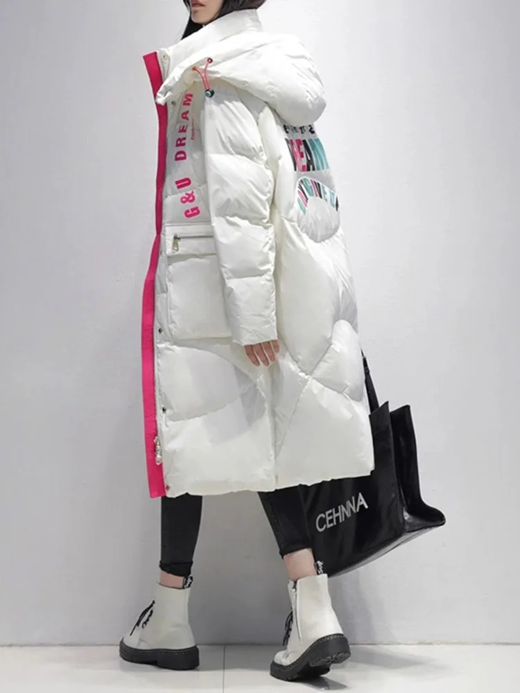 

Womens Winter 2025 Loose Thick Hooded Parka Coat New Glossy White Duck Down Jacket Windproof Rainproof Long Overcoat