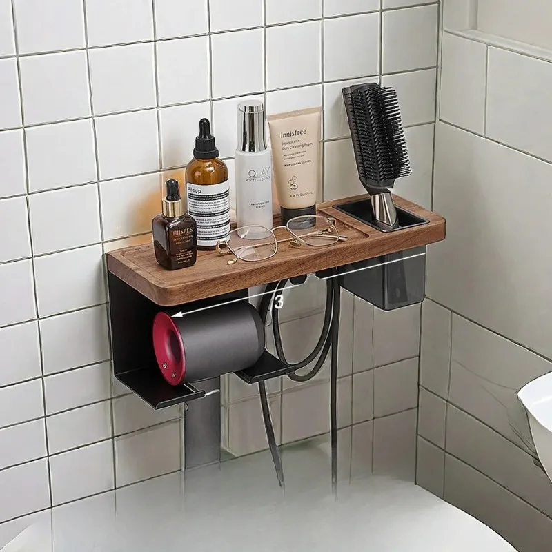 

Hair Dryer Wooden Bracket Bathroom Miscellaneous Storage Rack