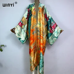 WINYI kimono Abstract print boho kaftans for woman Cover-up Elegant Cardigan sexy Holiday maxi beach wear swimsuit party dress