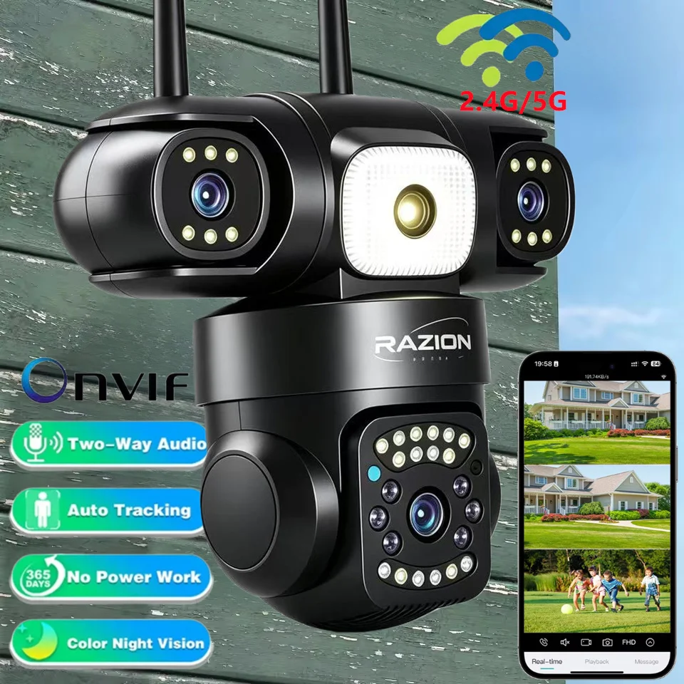 Three Screen 2.4G&5G WIFI IP Camera Outdoor 8K Three Lens PTZ Camera AI Human Detection Waterproof CCTV Video Security Cam RZ380