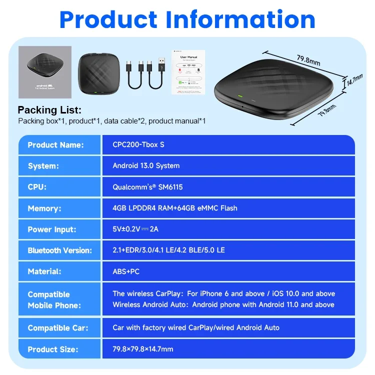 Carlinkit 64Gb SM6115 Tbox Mini S1 Ai Box Wireless Android 13 Auto Dongle Carplay Adattatore Video Car Play