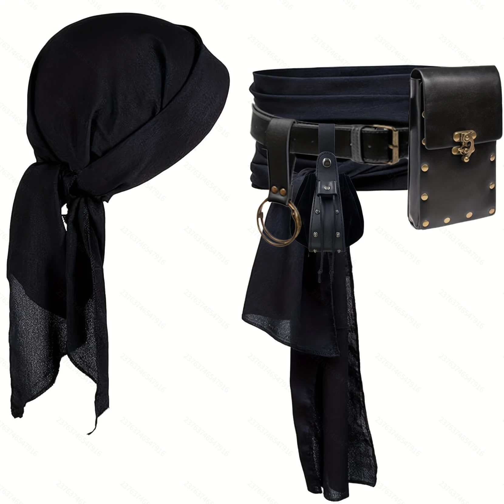 

6-Piece Set of Pirate Clothing for Men and Women, Pirate Headscarf, Scarf, Belt, Medieval Belt, Waist Bag, Coin Purse, Artificial Leather Hanging Ring, Holiday Set