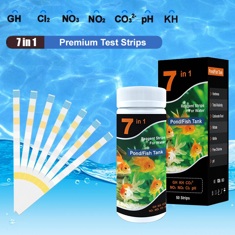 Fish Tank 7 in 1 Test Kit Freshwater Salt Water Pond Test Strips for Fish Tank Testing pH Nitrite Alkalinity Chlorine Carbonate