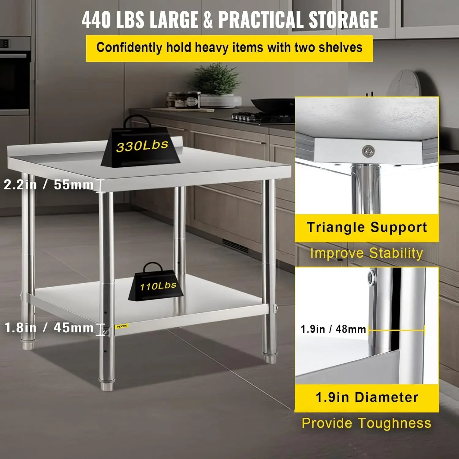 Stainless Steel Prep Table with Backsplash and Adjustable Undershelf, 36 x 24 x 35 Inch, 440lbs Load Capacity