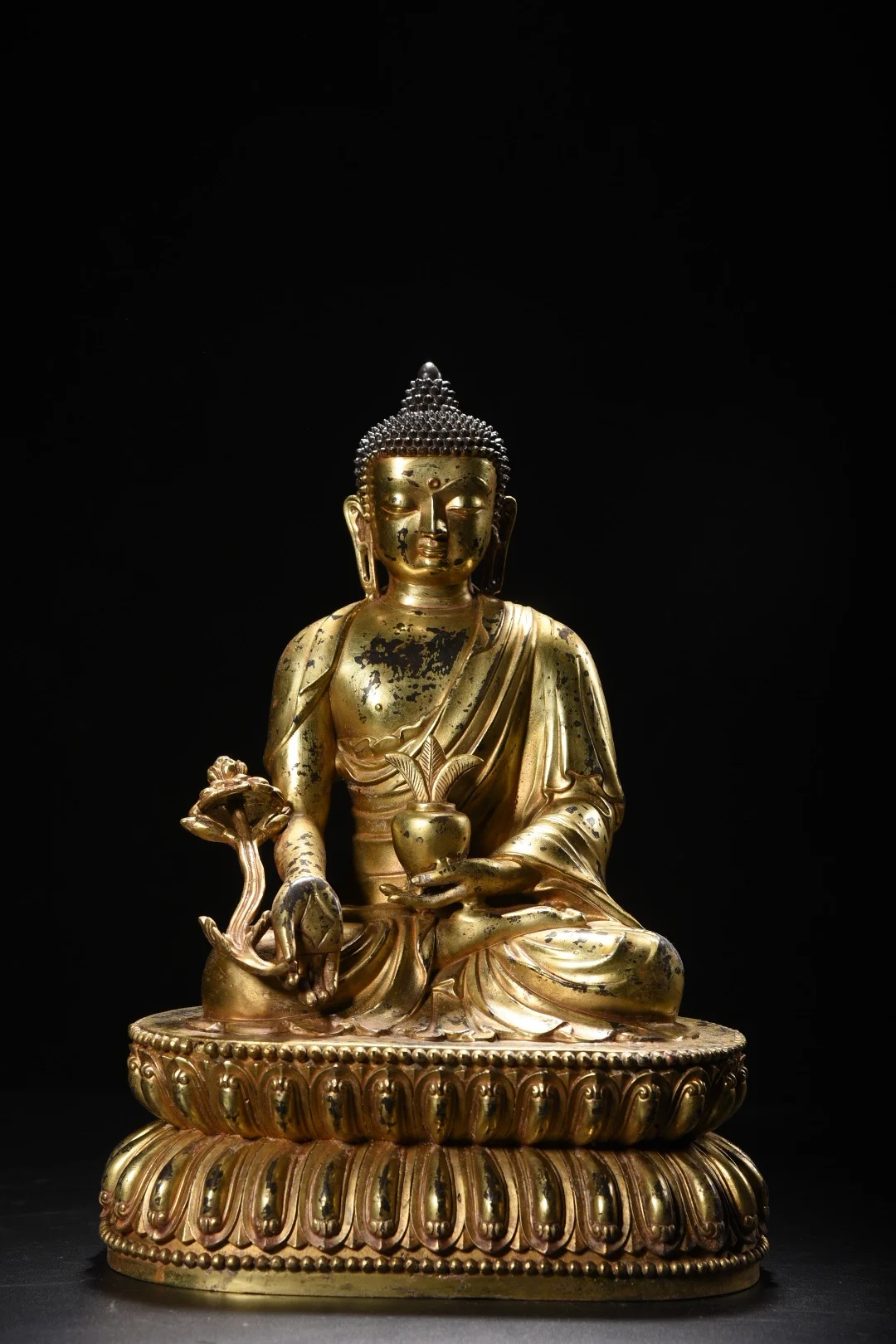 

14"Tibetan Temple Collection Old Bronze Gilded Cinnabar Pharmacist Buddha Sitting Buddha Lotus Terrace Amitabha Worship Hall