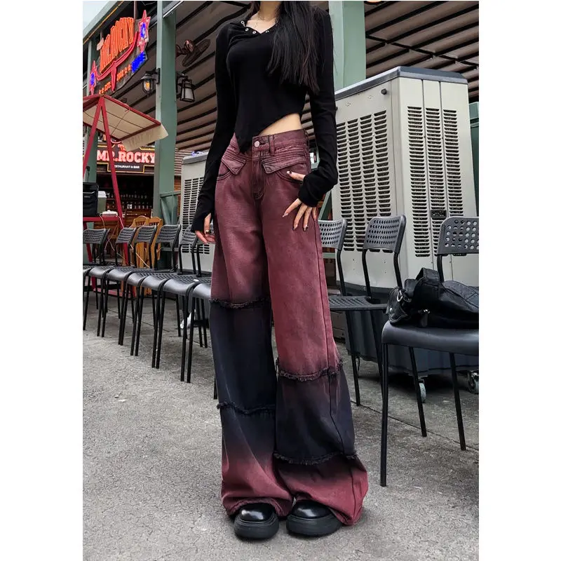 

Splicing Gradient Contrasting Washed Denim Jeans for Women High Waist Loose Fit Slimming Versatile Floor Length Pants