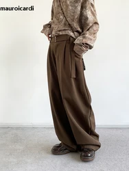 Mauroicardi Spring Autumn Long Coffee Flowy Baggy Wide Leg Pants for Mens Belt Korean Fashion Loose Casual Soft Trousers 2024