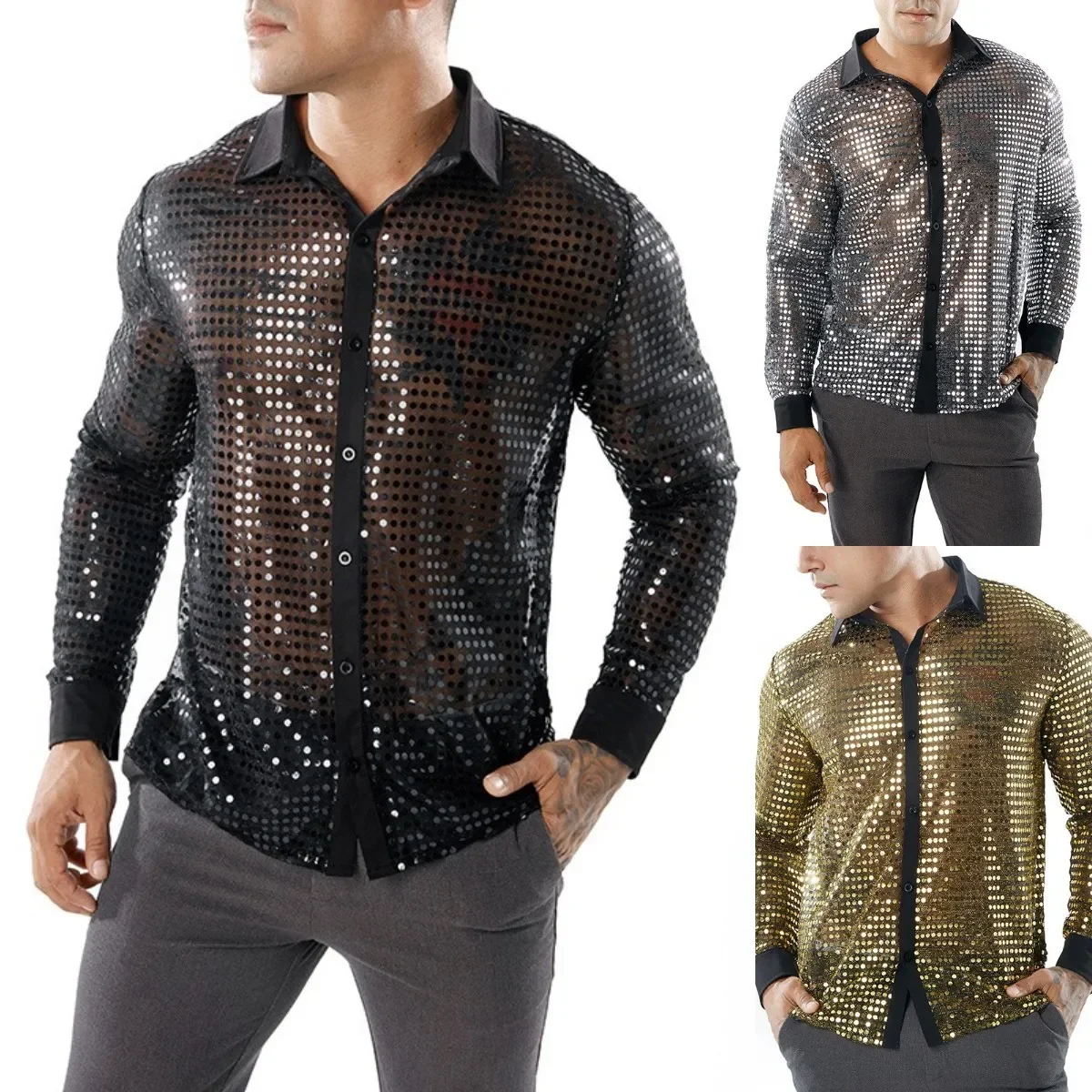 Mens Sexy Shirt Polka Dot Scale Nightclub Shirt Costume Design Mens Long Sleeve Shirt