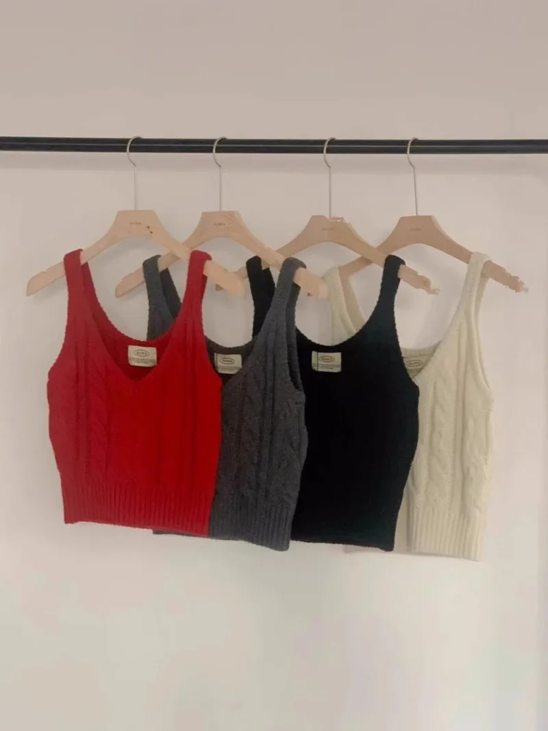 Tanks & Camis Vintage Sweater Y2k Clothes Crop Top Knit Vest V Neck Red Twists Jersey Mujer Chaleco  Colete Feminino