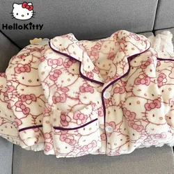 Sanrio Cute Hello Kitty Coral Plush Pajamas Pjs Yk2 Girls Autumn Winter Thickened Homewear Sleeping Set Youngful Woman Clothes