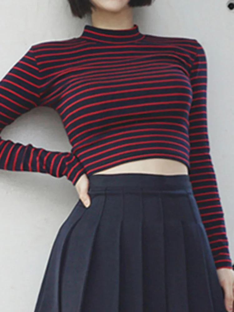 Crop Tops Women 2024 Chic All-match Classic Stripe Slim Short Bustier Crop Top Turtleneck Long Sleeved T-shirt Sexy Shirts Tee