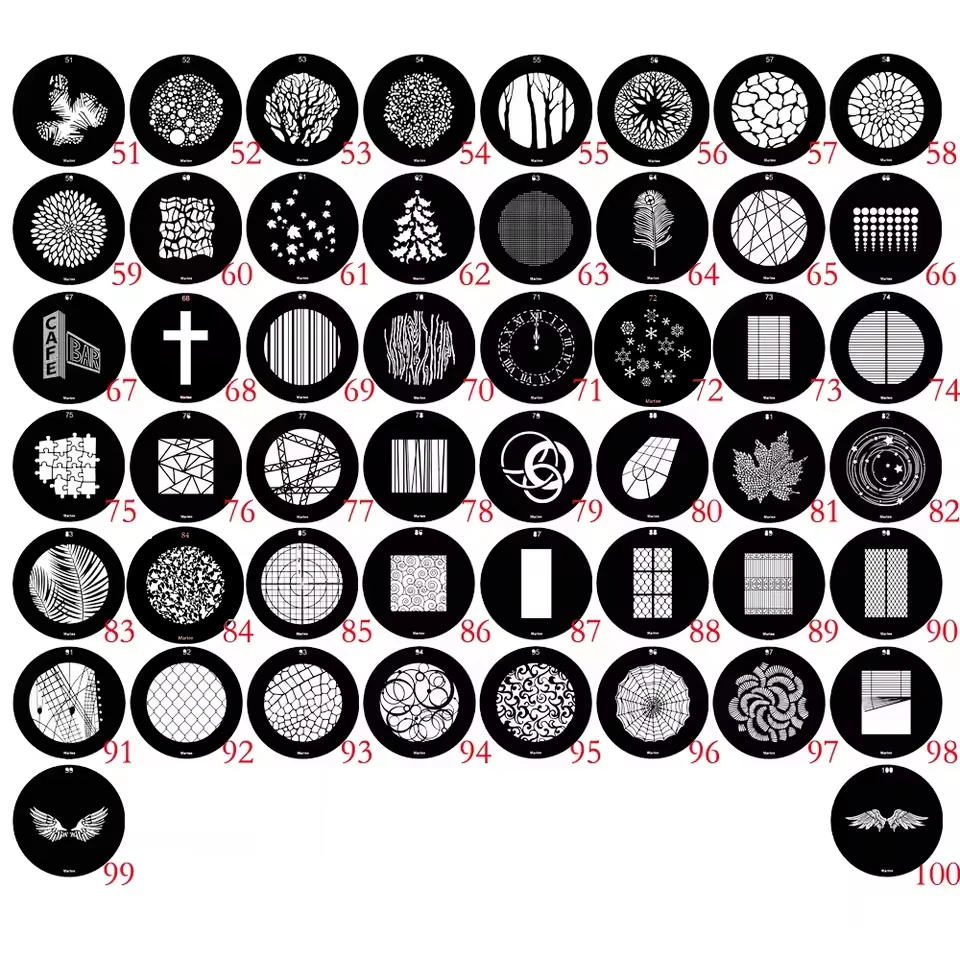 50 pieces of light shooting GOBO M Size for OT1, B Size for Spotlight, PJ-BM-19/36. The size of the mask is 86mm and 66mm.