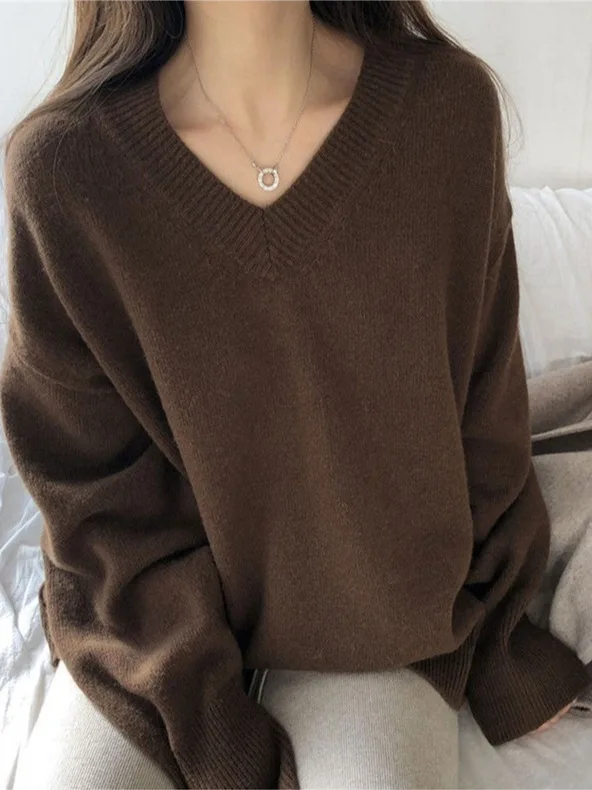 

Свободный вязаный свитер с V-образным вырезом, женский базовый слой, верхняя одежда для осени и зимы, повседневный, больших размеров, из мягкого полиэфирного волокна