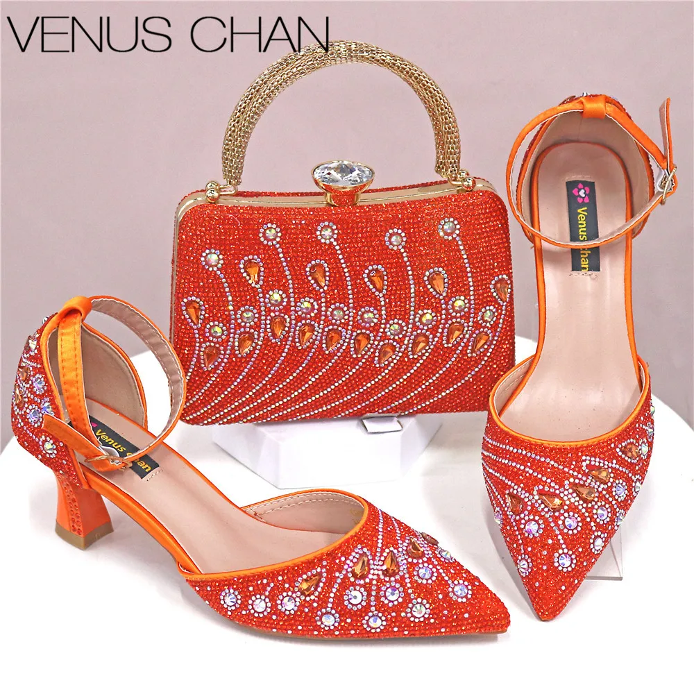 

Африканские женские модные сандалии с квадратными пуговицами и острым носком на высоком каблуке с блестящими оранжевыми цветами и бриллиантами