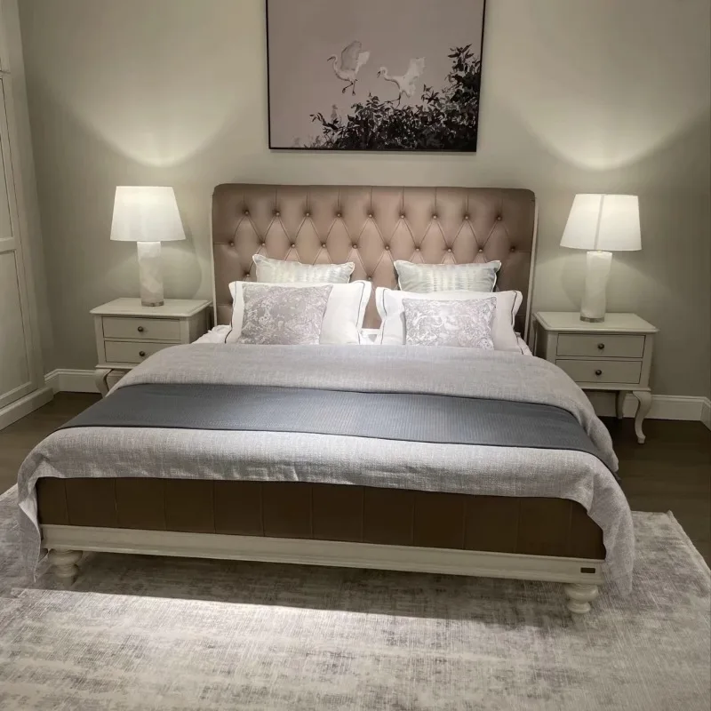 North America Home solid wood bed, genuine leather bed, pull-button  cowhide bed, vintage