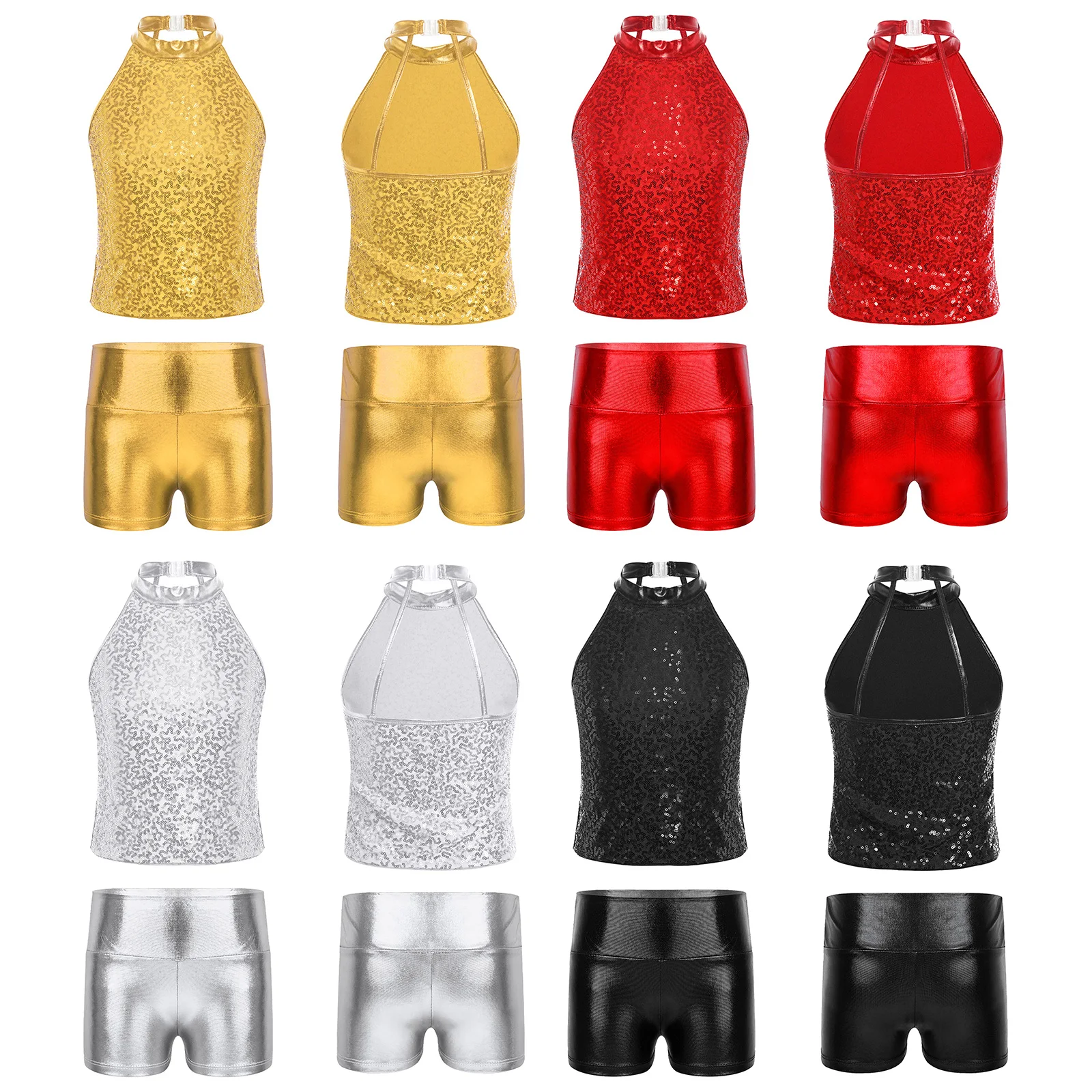 

Kids Girls Jazz Dance Costume Outfit Backless Shiny Sequin Halter Crop Top with Metallic Shorts Cheerleading Dance Competition