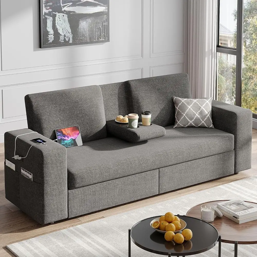 

Grey 75 Loveseat Sofa with Dual Recliners, USB & Type-C Ports, Comfortable Linen Couch for Living Room with Built-in Table, Upho