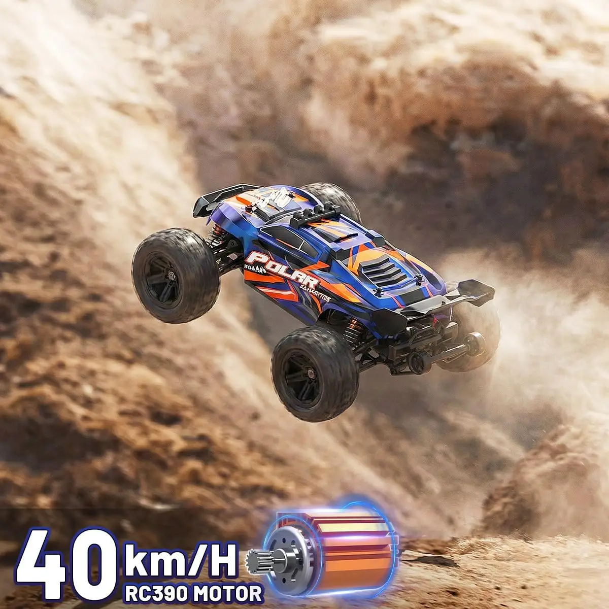 1:14 Scale 4WD All Terrain Off-Road RC Truck, 40+ KPH Fast Remote Control Car, Waterproof 4x4 Vehicle with 2 Rechargeable 1300mAh Batteries and 2 Sets of Tires