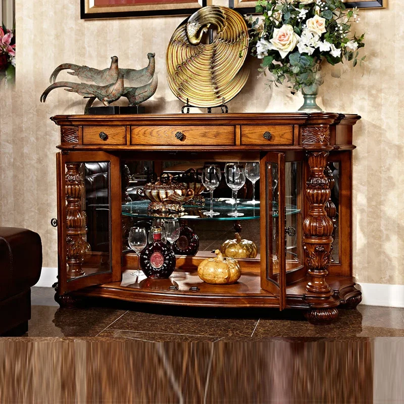 

European Style Solid Wood Sideboard American Vintage Wine Cabinet Carved Wall Storage Cabinet for Home Use