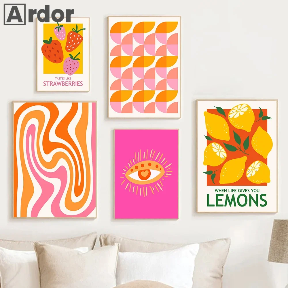 

Pink Strawberry Lemon Card Posters Cocktails Drink Wall Art Print Retro Canvas Painting Living Room Corridor Pictures Home Decor