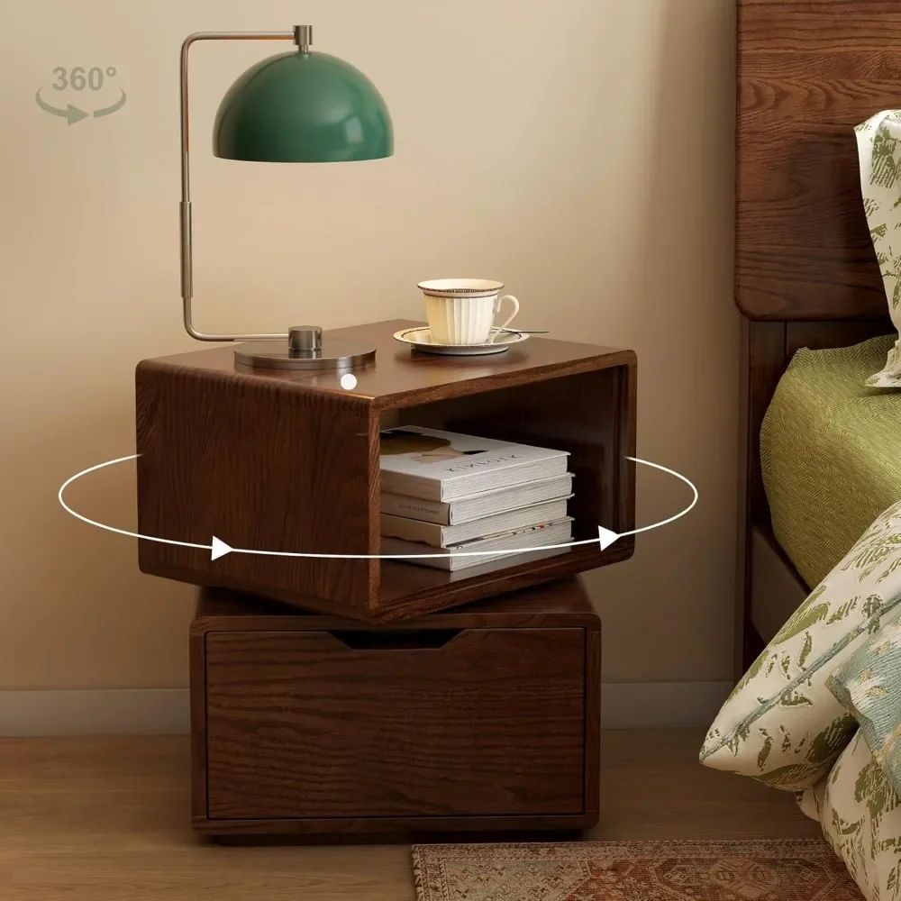 360° Rotatable Solid Oak Nightstand, Mid Century Modern Nightstand with Drawer, Small Swivel Side Table for Small Spaces