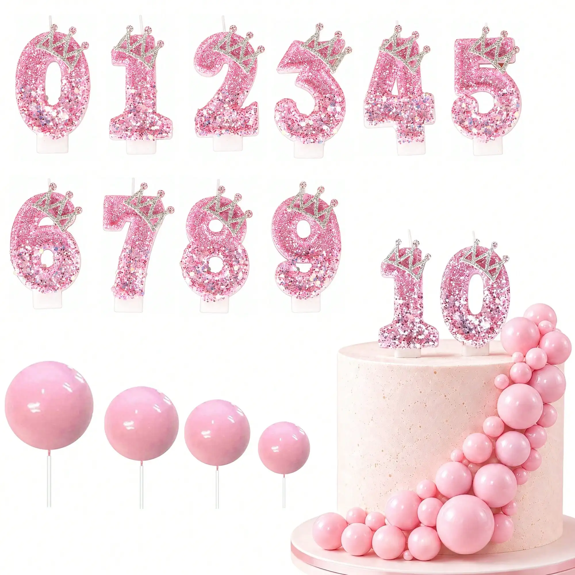 Girls Princess Birthday Cake Decor Set Pink Glitter Crown 0‑9 Number Candles Pink Ball Toppers for Party Cake Decoration