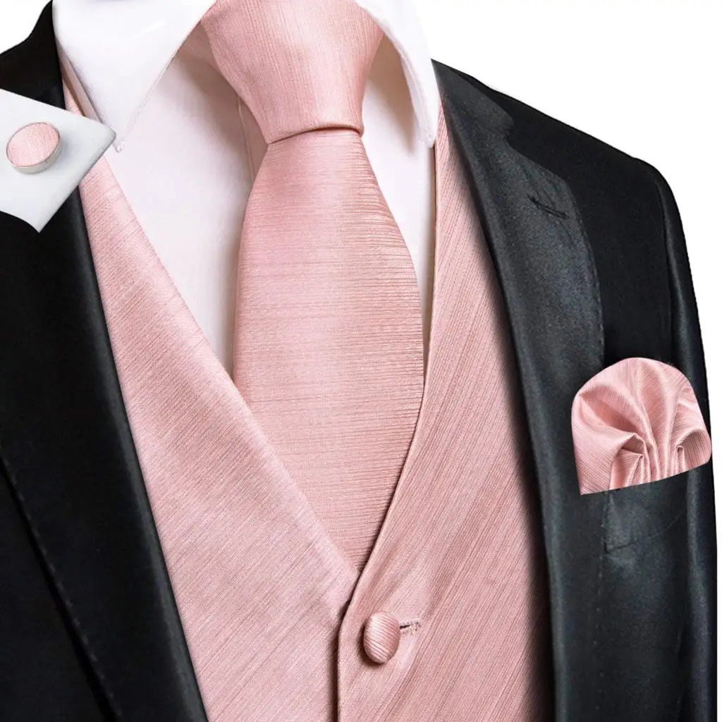 Hi-Tie Luxury Silk Mens Vests Rose Gold Pink Striped Waistcoat Necktie Bowtie Hanky Cufflinks Set Waist Jacket For Men Wedding