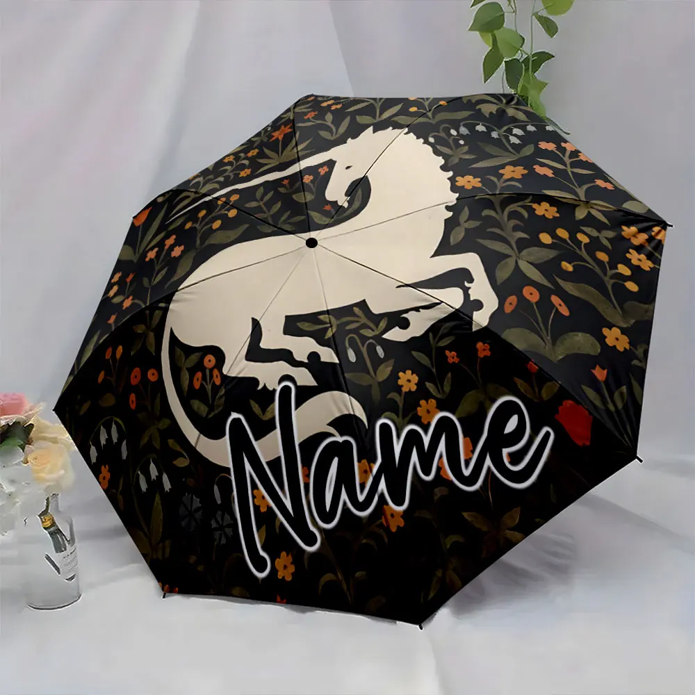Custom Name Umbrella Elegant Unicorn Umbrella with Floral Design Print 8 Iron Ribs Folding Umbrella Auto-Open Fashion Sunshade