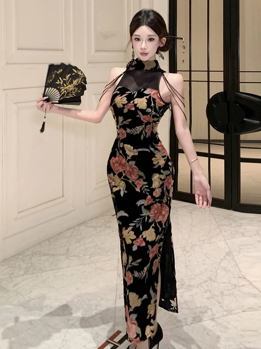 المرأة الصينية الأزهار شبكة طويلة شيونغسام الوقوف شير شرابة Bodycon الجانب الشق فستان ماكسي للإناث حفلة موسيقية المضيف فساتين أنيقة