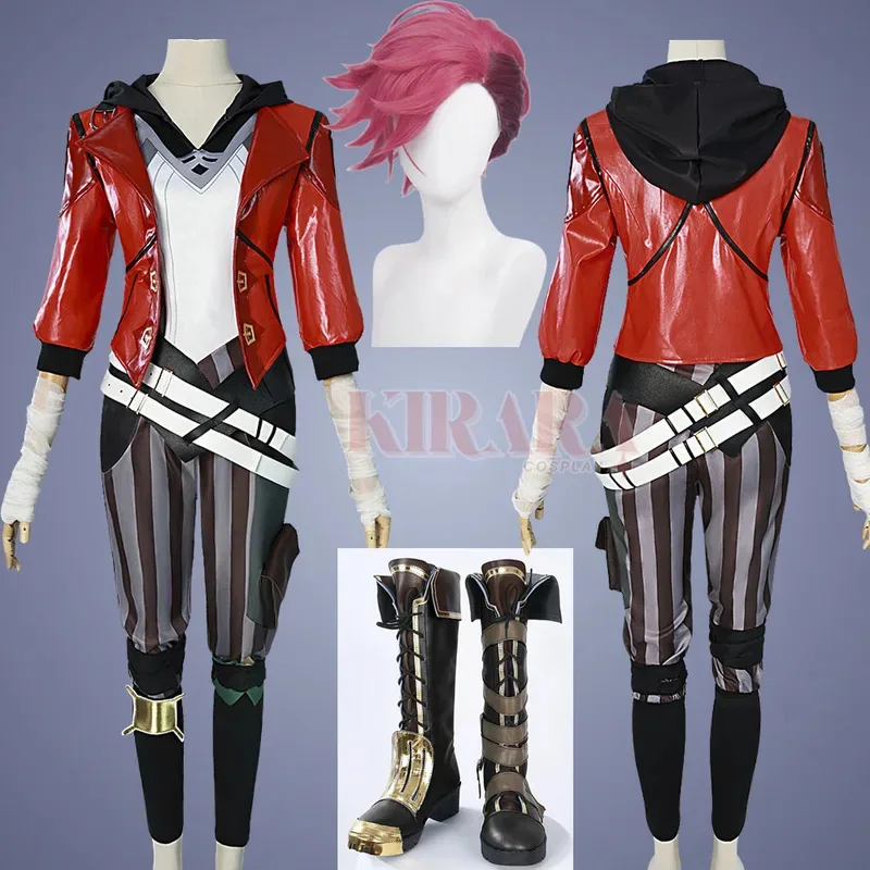 25COSVi Acrane 코스프레 의상 게임 Arcane Vi 레드 가발 가죽 자켓 할로윈 카니발 의상 Vi 신발 부츠