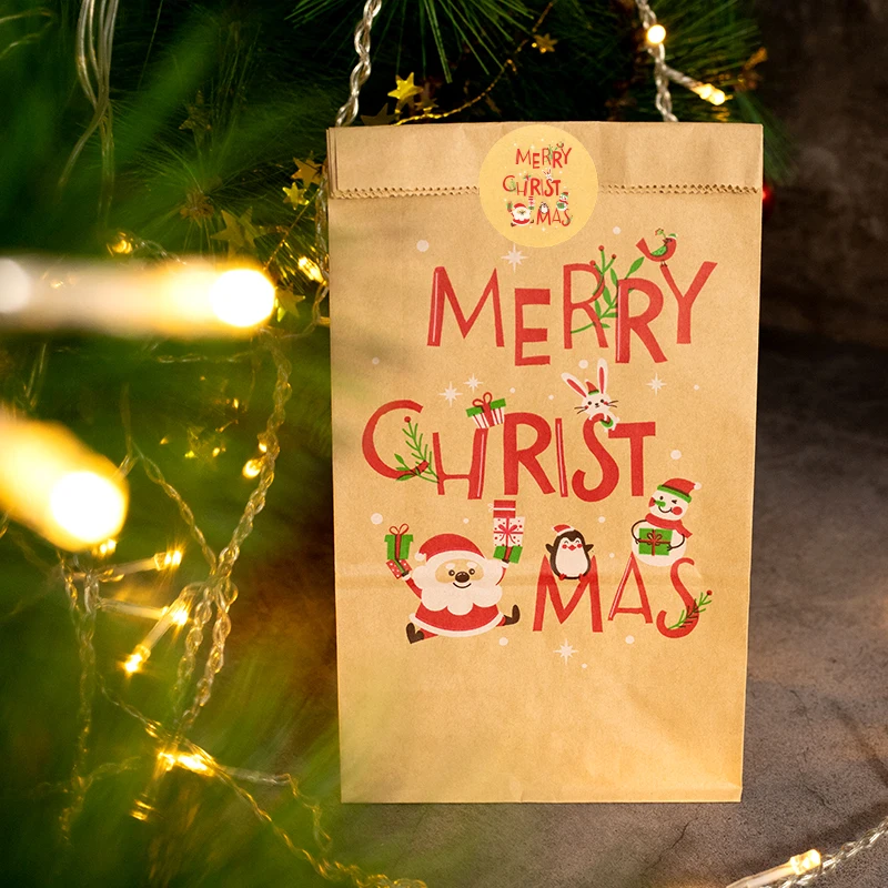 24 Sets Vintage Weihnachtsgeschenktüten Weihnachtsmann Schneemann Kraftpapiertüte mit Aufklebern Urlaub Weihnachten Partybevorzugung Verpackungszubehör – Detail 5