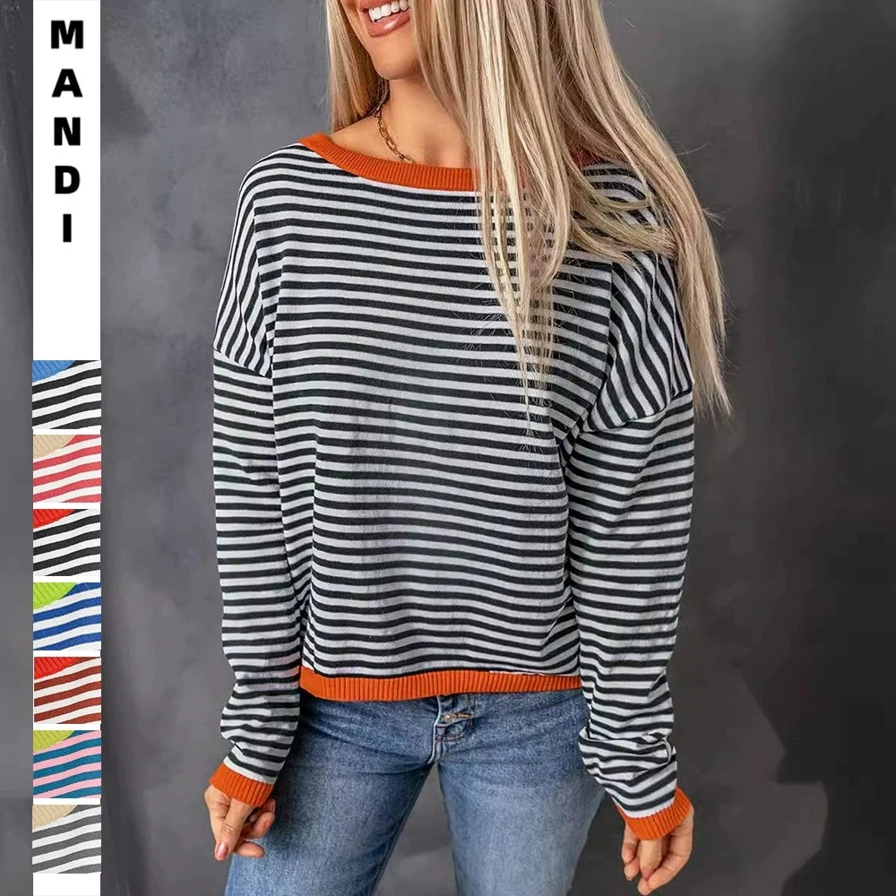 

Ladies' round neck striped contrasting elegant and fashionable versatile pullover long sleeved casual sweater tops