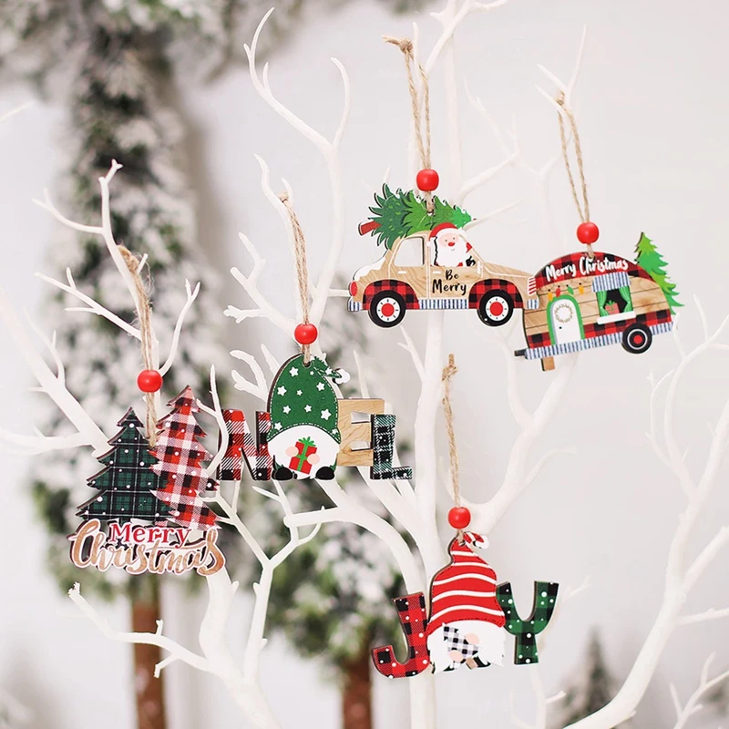 New 12 Pieces Christmas Wooden Hanging Ornaments Red Car Truck Santa Claus Tree House Wooden Hanging Craft For Decoration