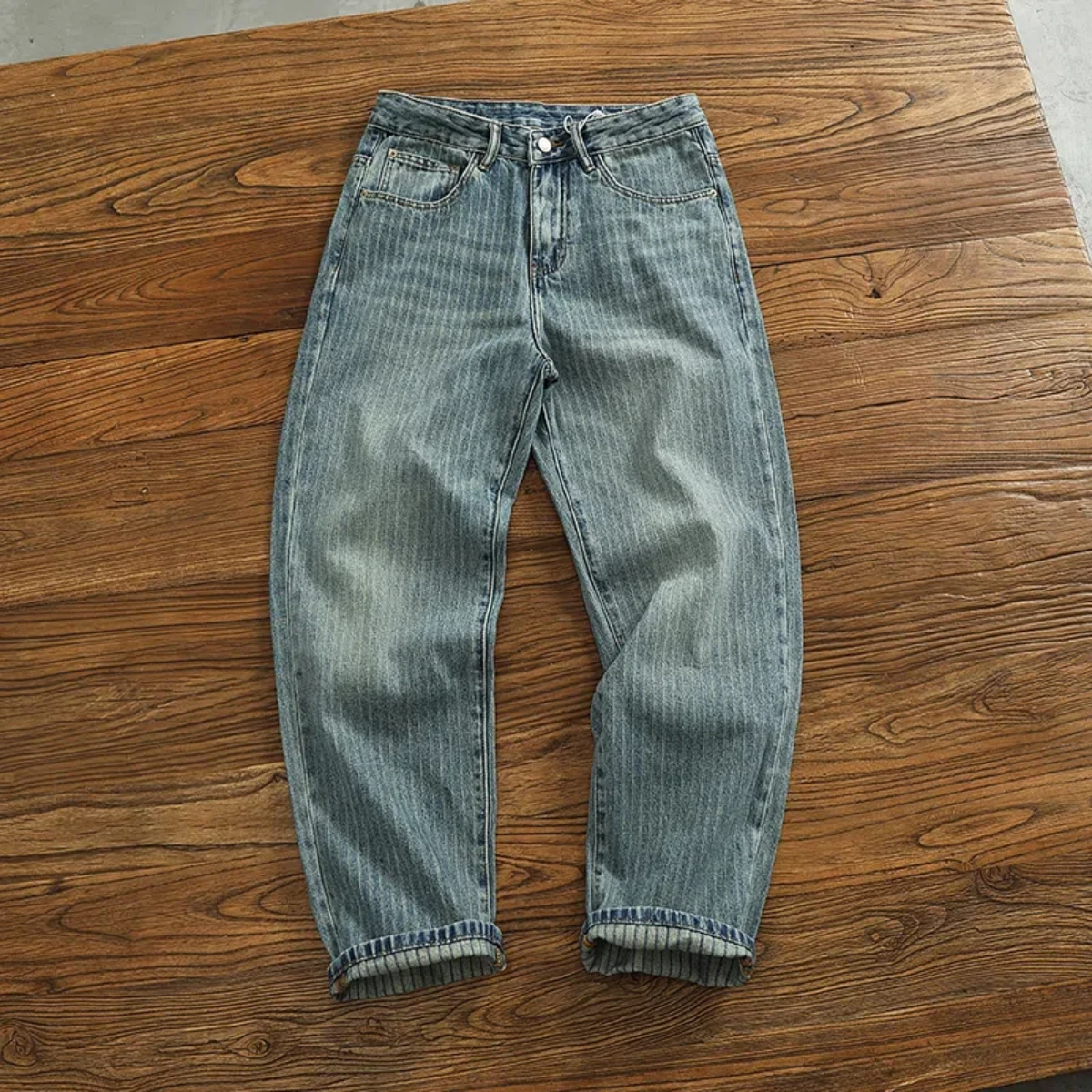 Heavy chunky jeans men vintage do old wash dark vertical texture of loose straight leg denim pants