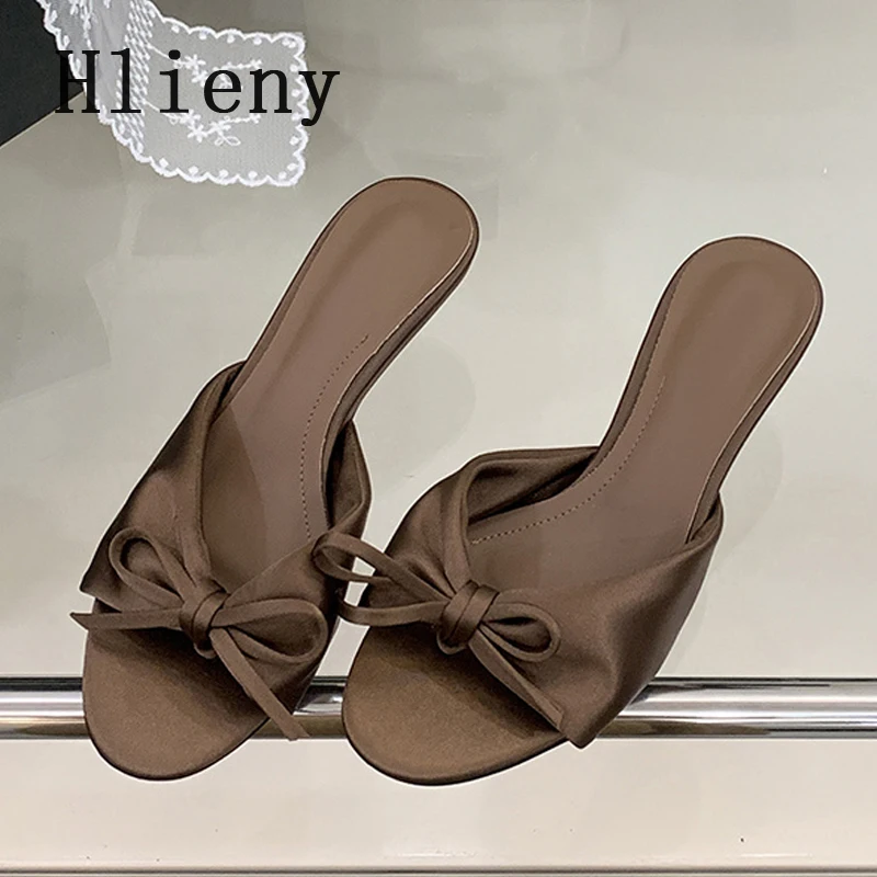 

Hlieny/2026, новые летние модные женские тапочки с открытым носком и бантом, элегантные модельные туфли-лодочки на тонком каблуке, женские шлепанцы