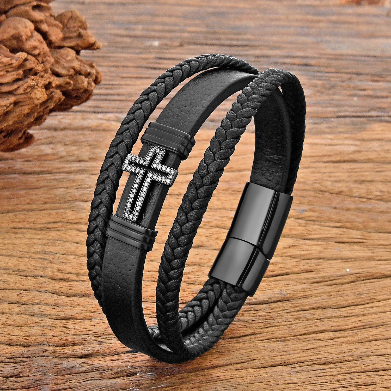 Mens Bracelet Fashion Hand-made Leather Personality Religion Jewelry Brass Microinlay Cubic Zirconia Bangles for Women Gifts