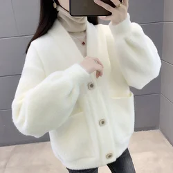 Spring Autumn Mink Velvet Jacket Women 2024 New Lantern Sleeve Coat Loose Solid Color Sweater V-Neck Cardigan Female Tide Blouse