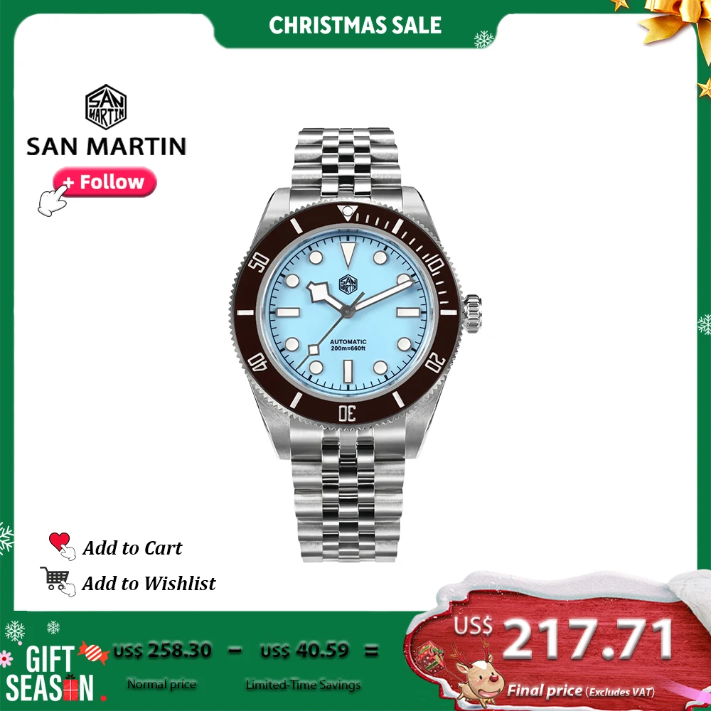 

San Martin 40mm Diver Watch Enamel Dial Light Blue Pink Stainless Steel NH35 Automatic Luminous 200m Waterproof for Men SN0128