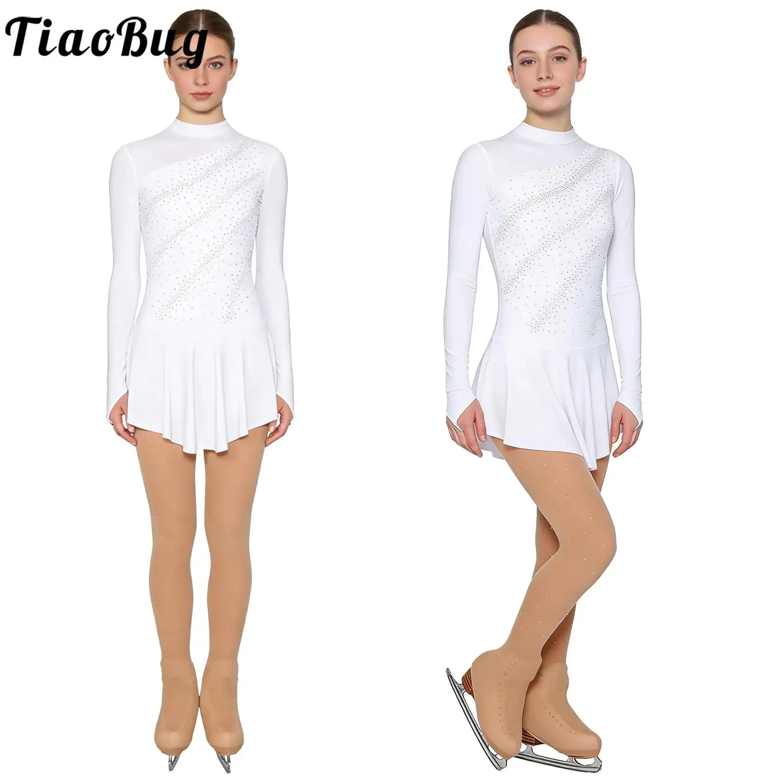 

Женское платье для фигурного катания со стразами, платье для катания на роликовых коньках и танцевальное платье с длинными рукавами и колготки с отверстием для выступлений