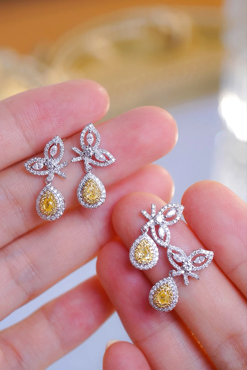 LUOWEND 100% 18K White Gold Earrings Romantic Butterfly Shape Real Natural Yellow Diamond Earrings for Women High Party Jewelry