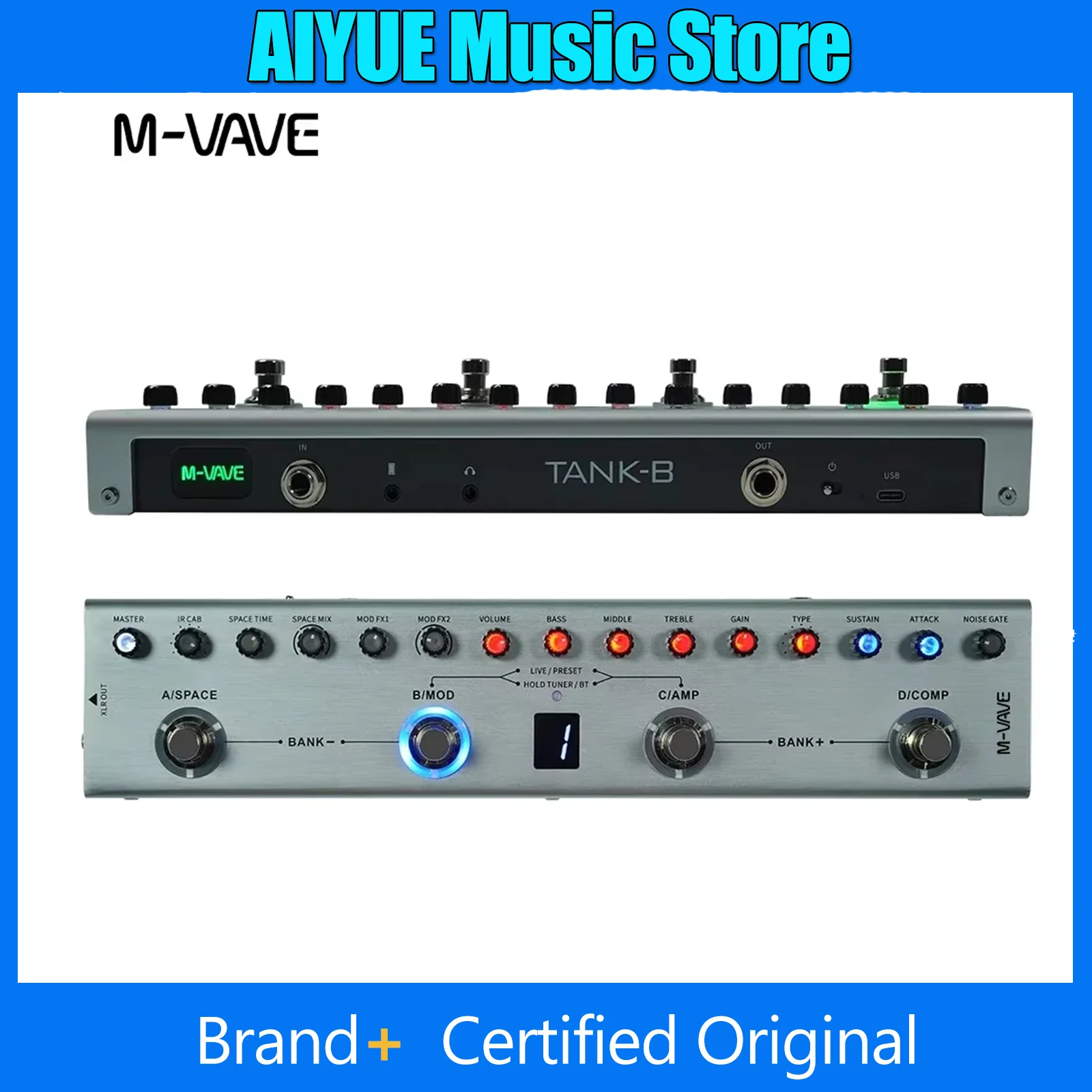 جيتار M-VAVE Tank-B بدواسة متعددة التأثيرات قابلة لإعادة الشحن 36 إعدادًا مسبقًا 9 فتحات Preamp 8 فتحات كابينة بالأشعة تحت الحمراء 3 تعديل/تصعيد/تأخير #1