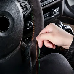 Suede Leather Braiding Steering Wheel Cover - Hand Sewn Anti Slip Handle Cover,Car Accessories Interior Car Steering Wheel Cover