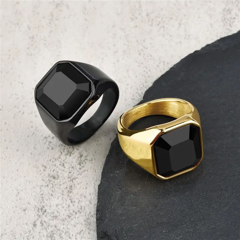 New Male Punk Rock Black Stone Stainless Steel Cubic Zircon Ring For Men Hip Hop Party Male Wedding Jewelry