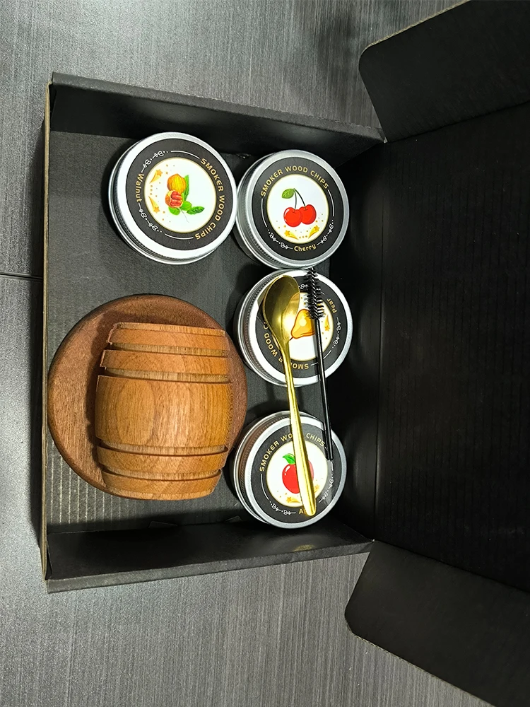 طقم مدخن الويسكي مع رقائق الخشب الطبيعي طقم مدخن كوكتيل مضاد للحرق قابل لإعادة الاستخدام من الفولاذ المقاوم للصدأ مكعب ثلج هدية عيد ميلاد بوربون