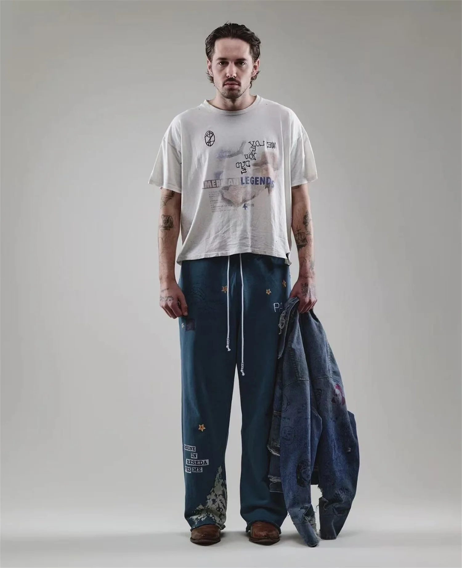 

Poly holly Vintage 25SS LEGENDS Loose Casual Fashion Simple Embroidered Print Distressed Short Sleeve T-Shirt Tops For Men