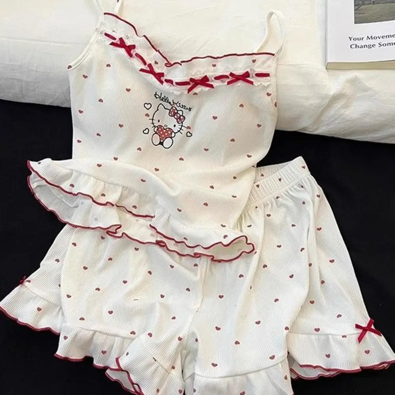 

Женские пижамы Sanrio Sweet Hello Kitty с принтом, новые летние короткие топы и шорты без рукавов, комплект домашней одежды из 2 предметов, подходит для женщин