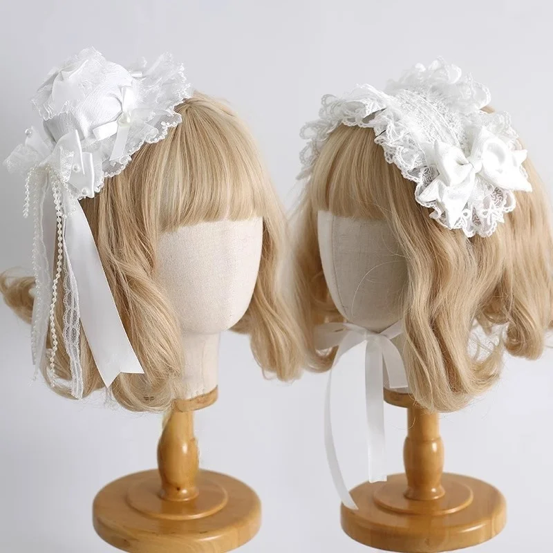 오리지널 핸드메이드 인형 화이트 빈티지 스몰 탑햇 로리타 레이스 보우 헤드밴드 여성용 스윗 KC 보닛 모자 액세서리