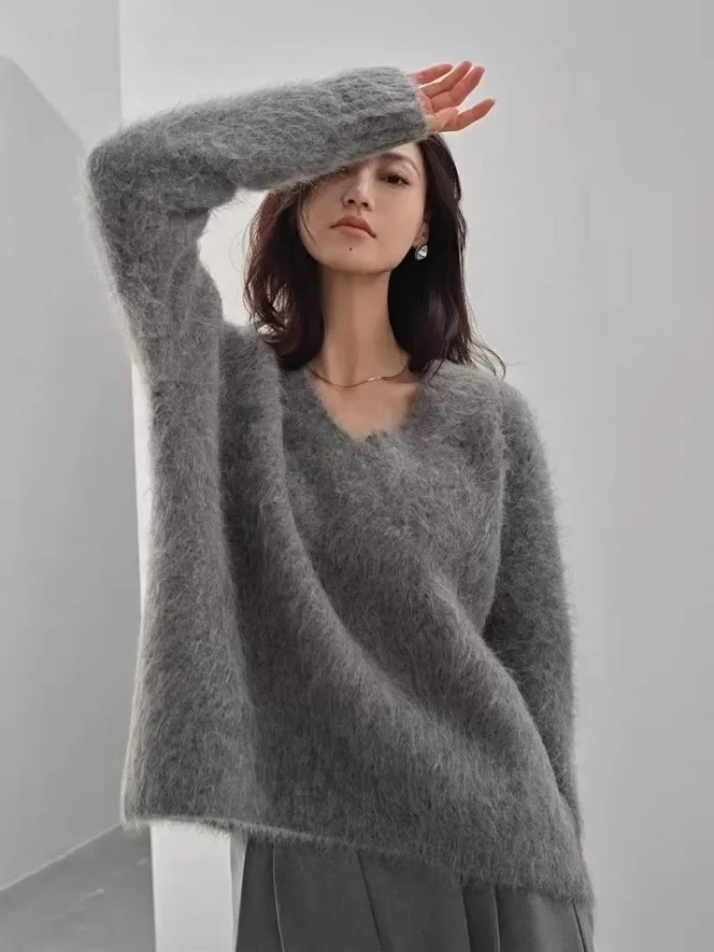 Fashionable Gray Mink Fur Sweater 2024 Women's Autumn and Winter Thick Lazy Style V-neck Knitted Sweater Top Female Clothing