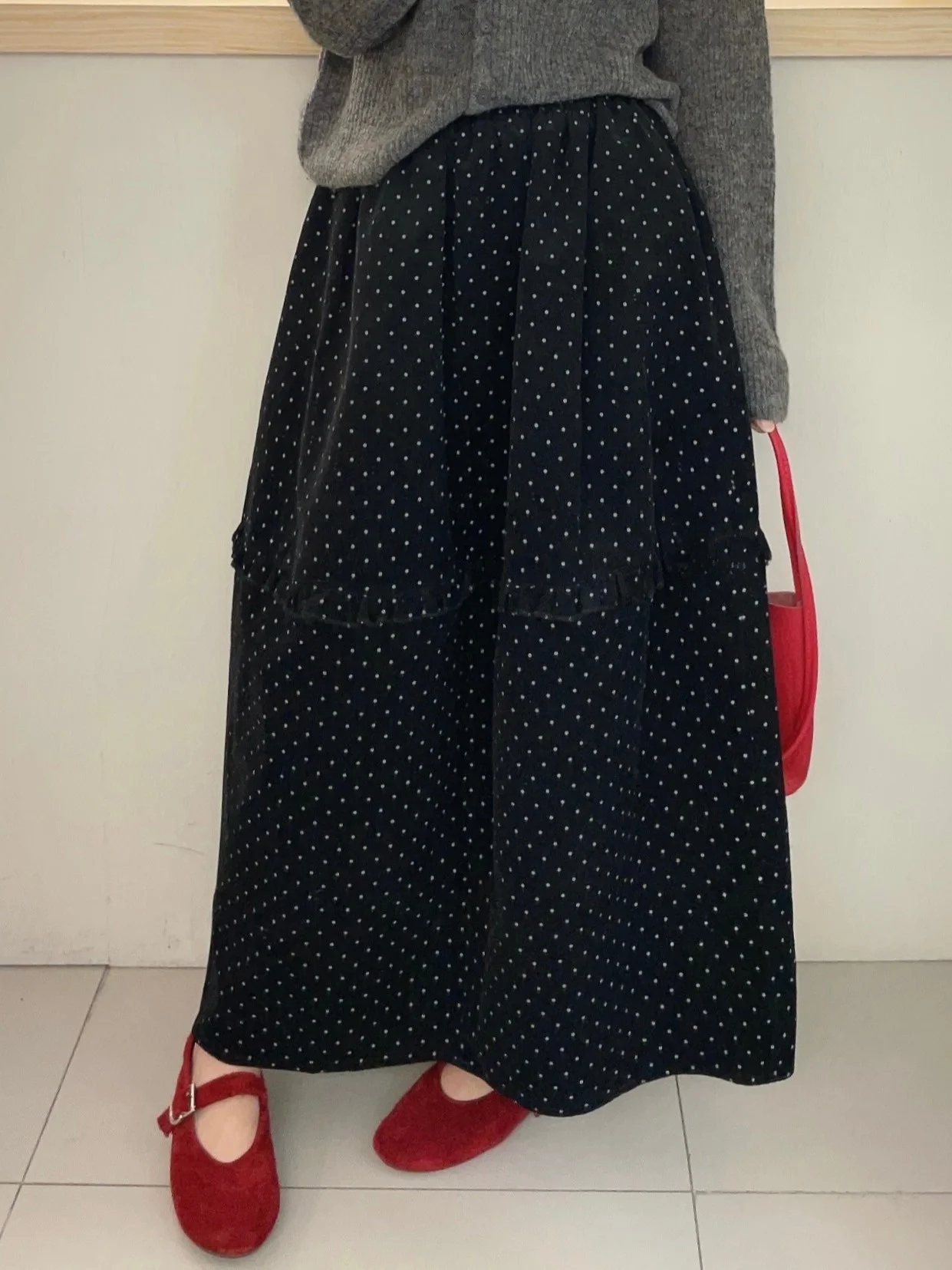 

Women's Autumn Faion Cheered Polka Dot f Skirt Loose Slimming Drapey Base Layer Skirt High Waist Cotton Casual